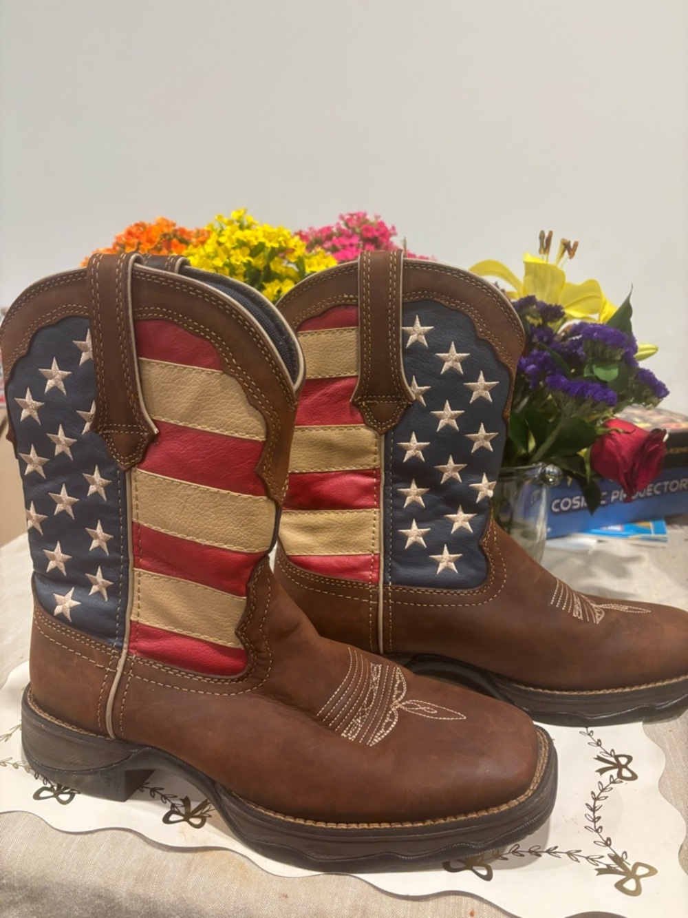 Durango Womans Brown Western Boots with Patriotic Flag Shaft